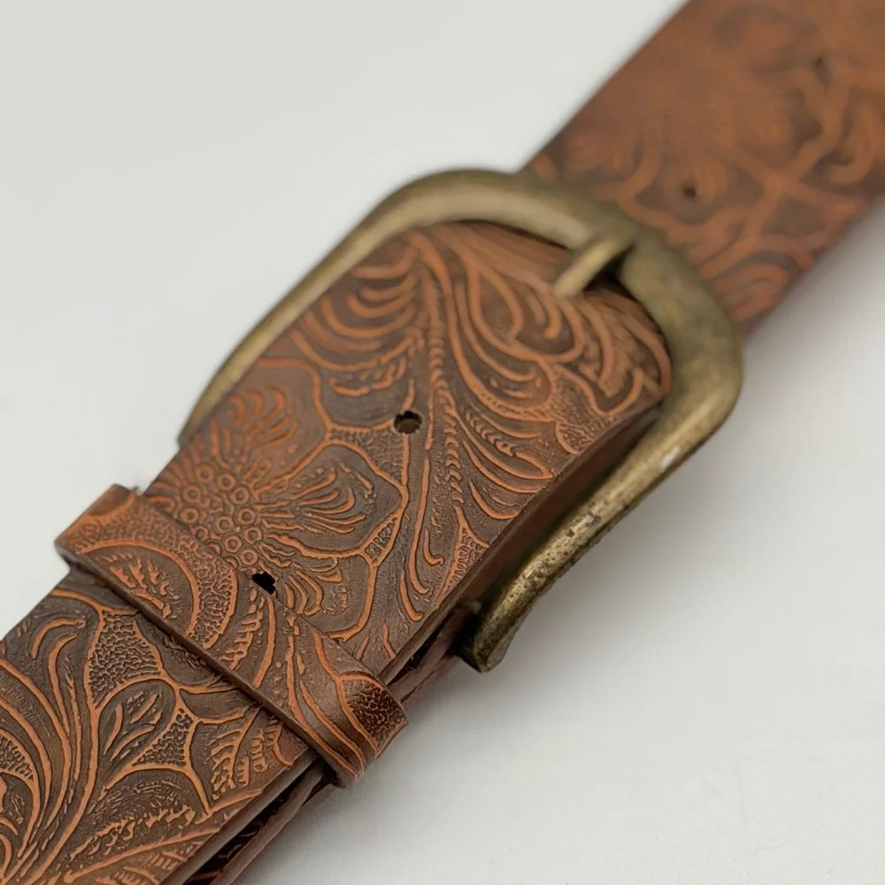 Brown Tooled Floral Embossed Western Belt Antique Brass Buckle 46 Inch Boho